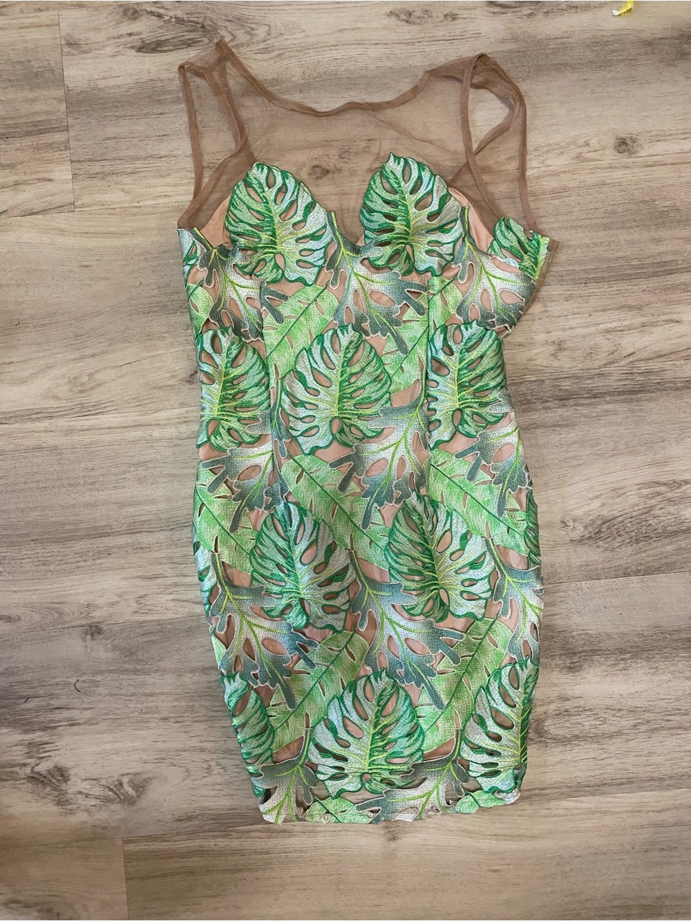Fashion Nova Nude & Green Mesh tropical palm Embroidered Dress- NWOT